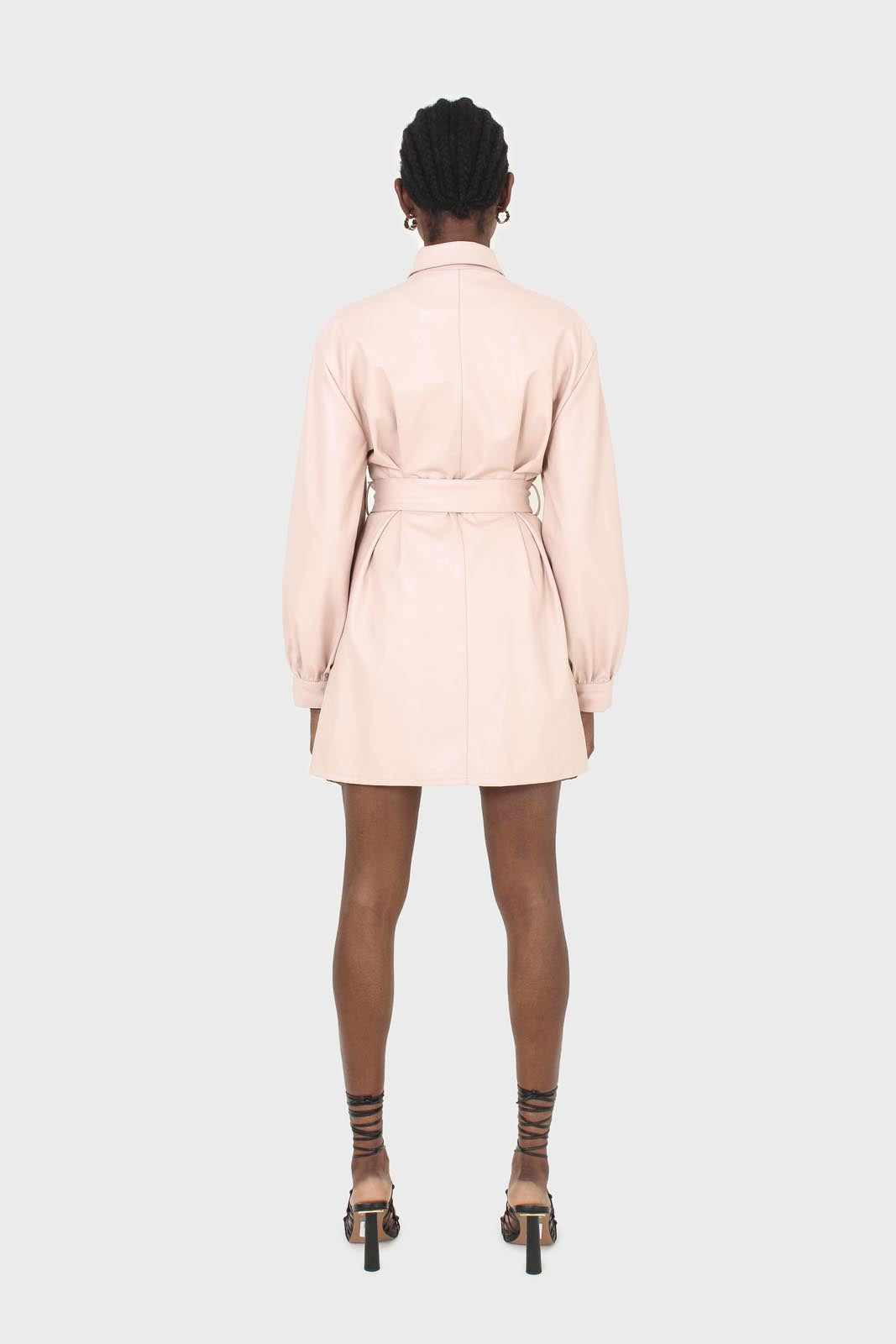 Pale pink vegan leather belted dress