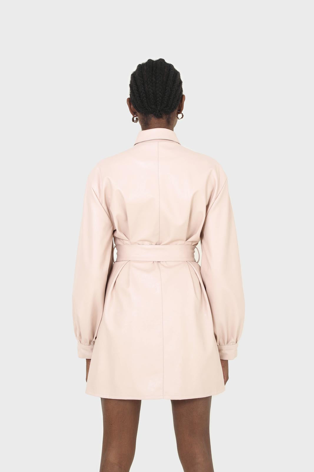 Pale pink vegan leather belted dress