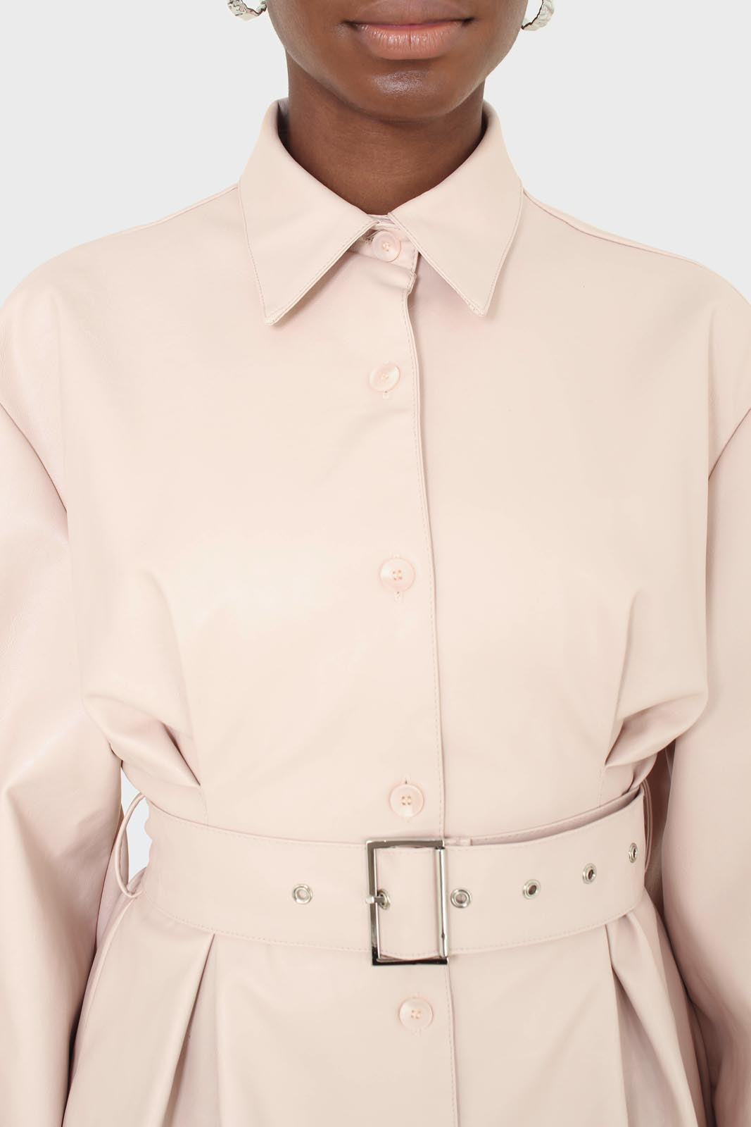 Pale pink vegan leather belted dress