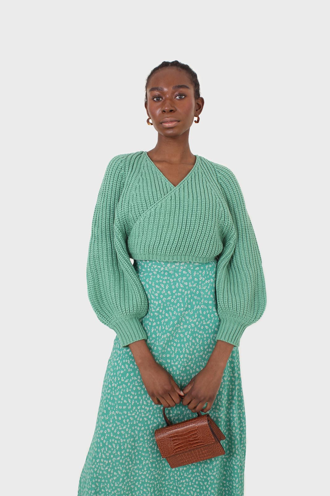 Green cross over balloon sleeve sweater