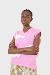 Pink and white intarsia cloud wool blend vest