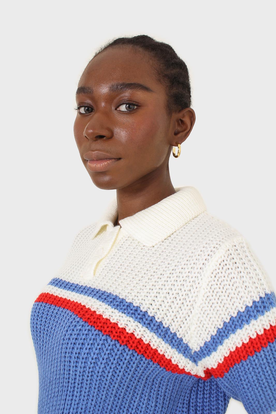 Blue and ivory polo short sleeve knit top