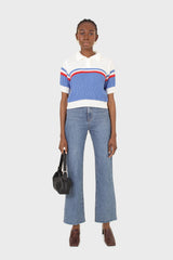Blue and ivory polo short sleeve knit top