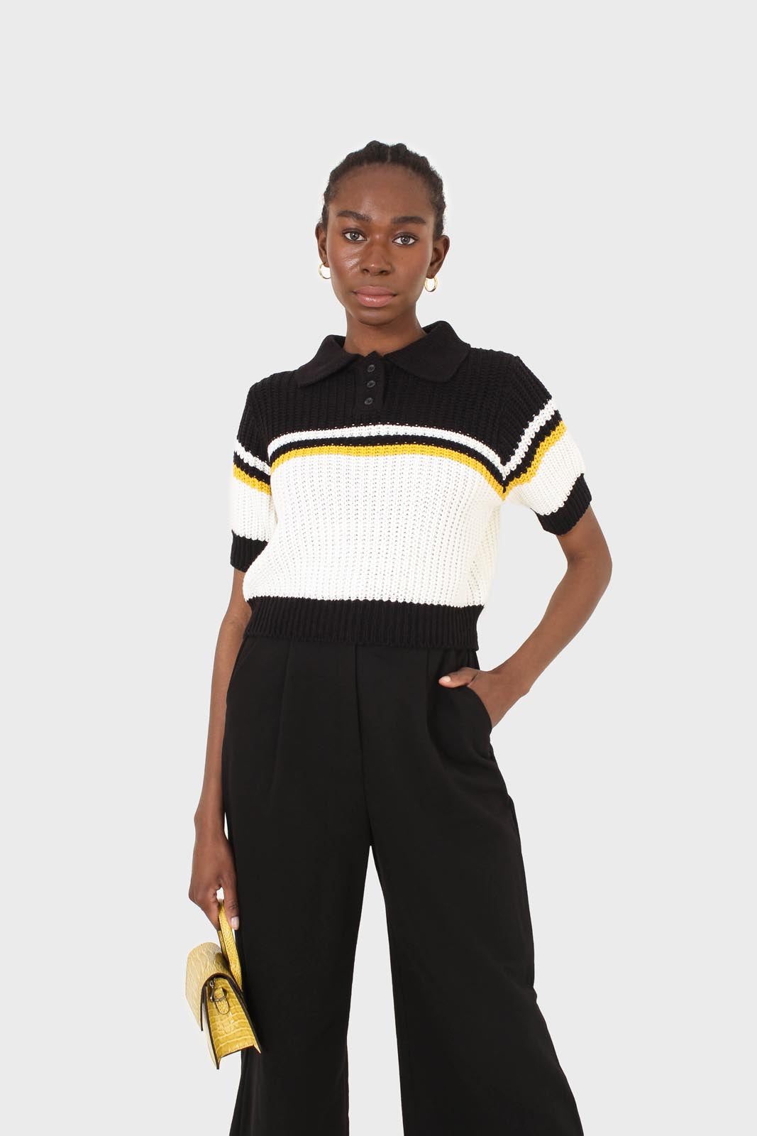 Black and ivory polo short sleeve knit top