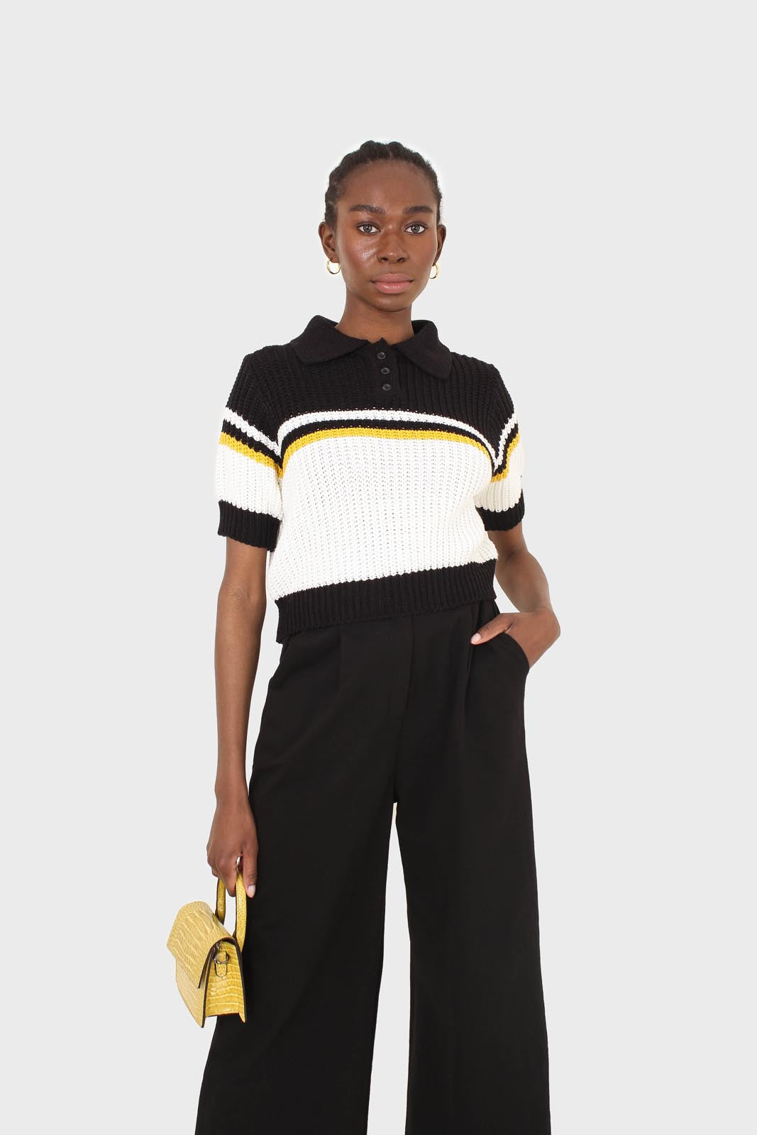 Black and ivory polo short sleeve knit top