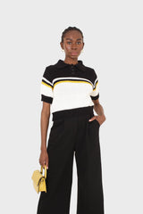 Black and ivory polo short sleeve knit top