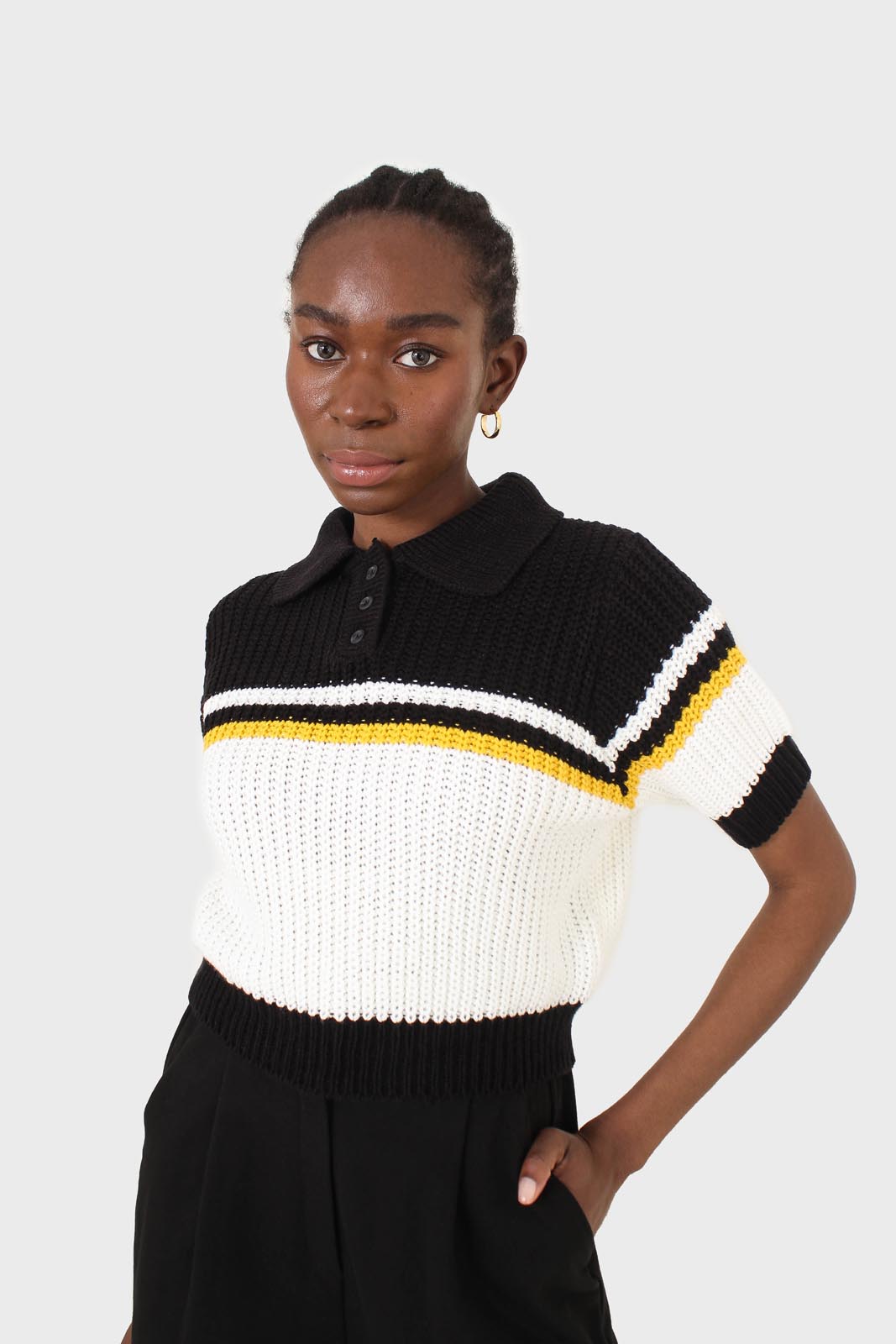 Black and ivory polo short sleeve knit top