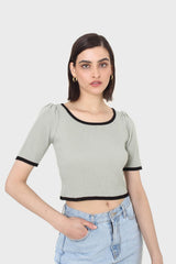 Mint and black binding puff sleeve knit top