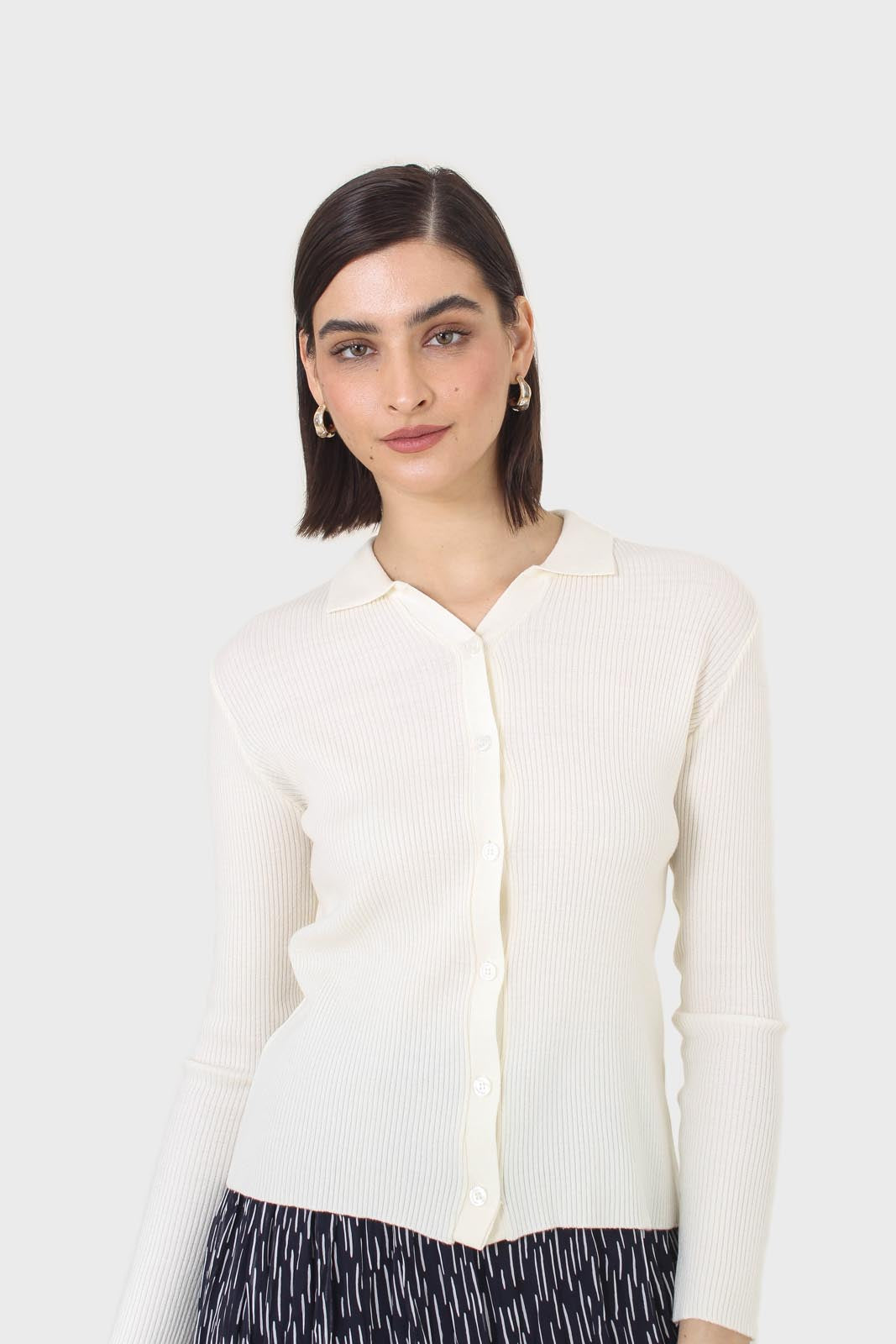 Ivory button front polo knit top