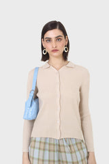Beige button front polo knit top
