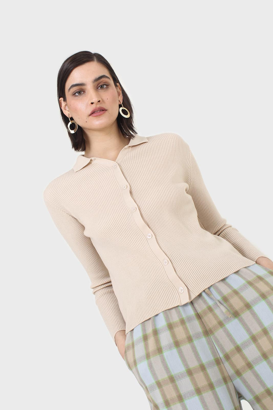 Beige button front polo knit top