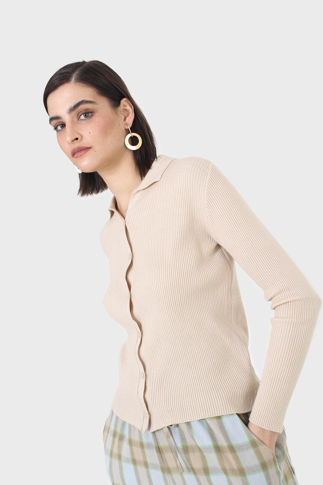 Beige button front polo knit top