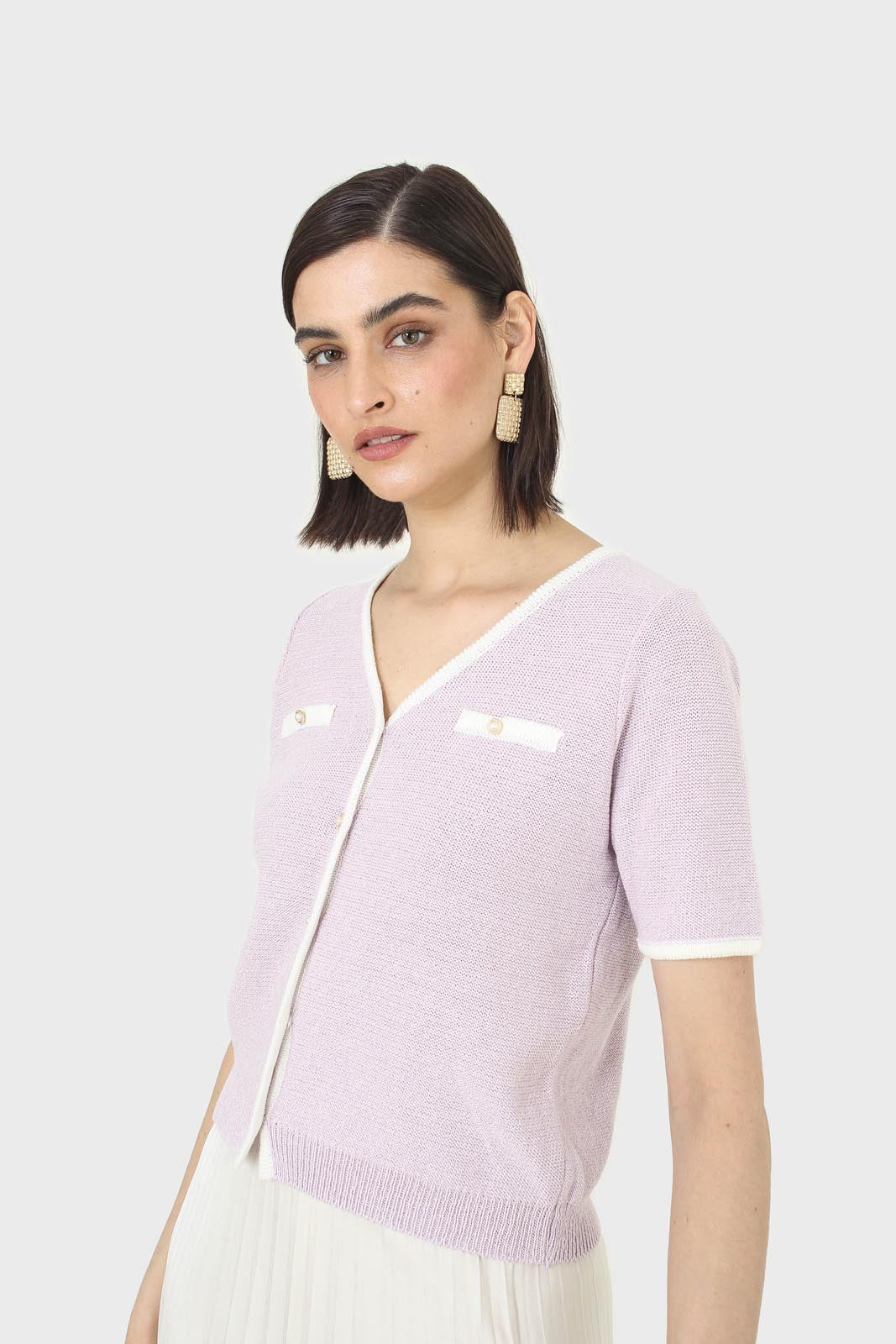 Lilac short sleeved button front knit top