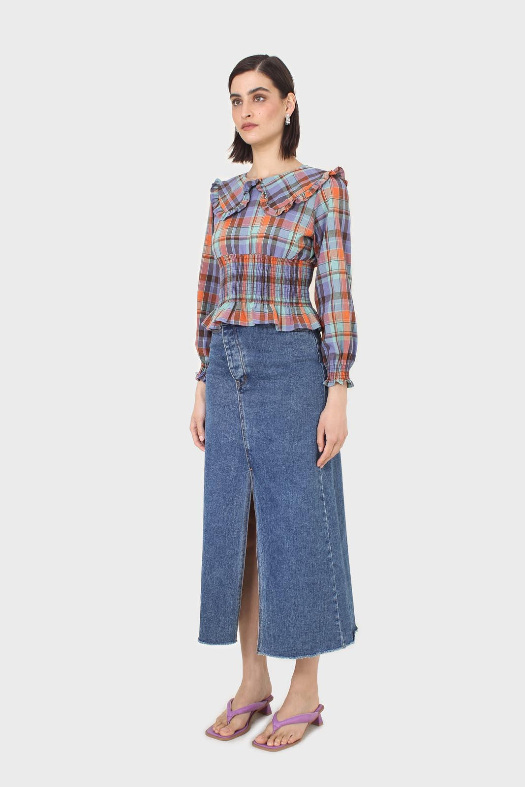 Blue and orange checked large collar blouse