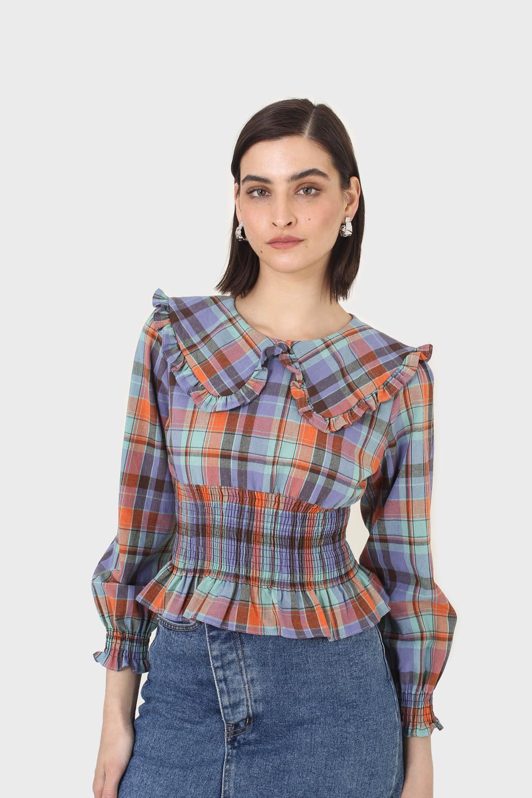 Blue and orange checked large collar blouse
