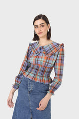 Blue and orange checked large collar blouse
