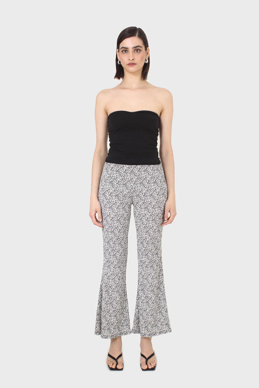 Ivory and charcoal dappled flare trousers