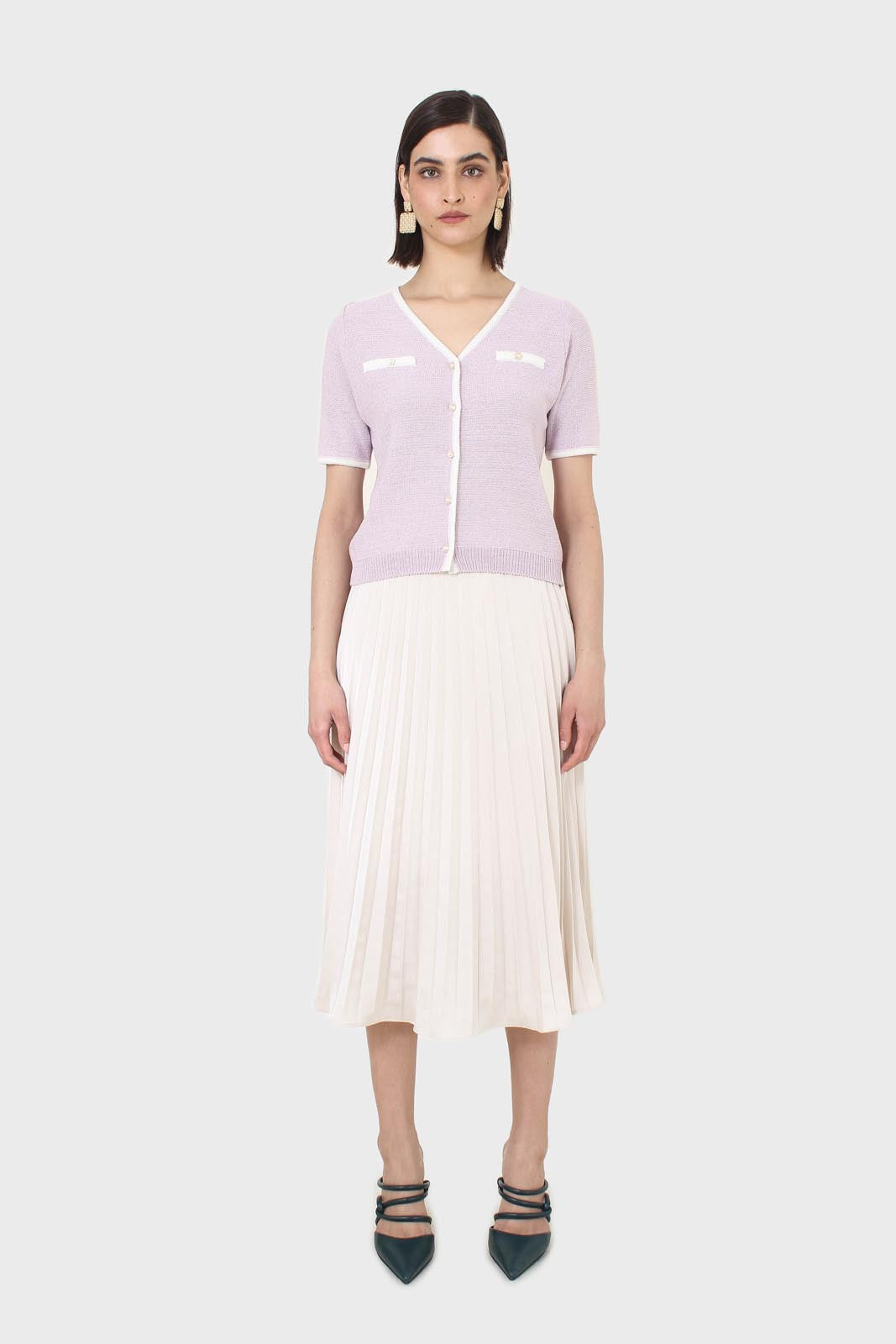 Beige metallic pleated midi skirt