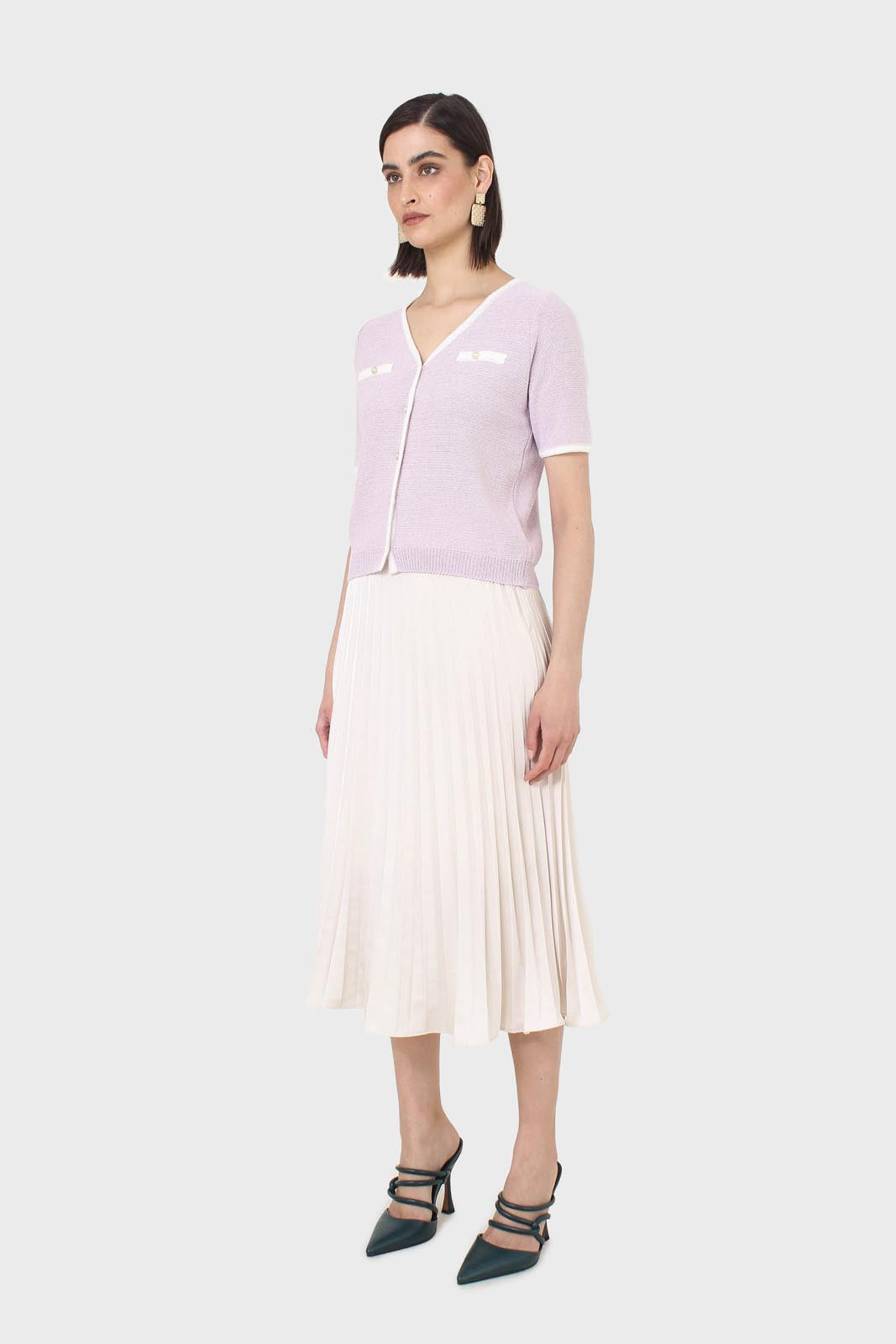 Beige metallic pleated midi skirt