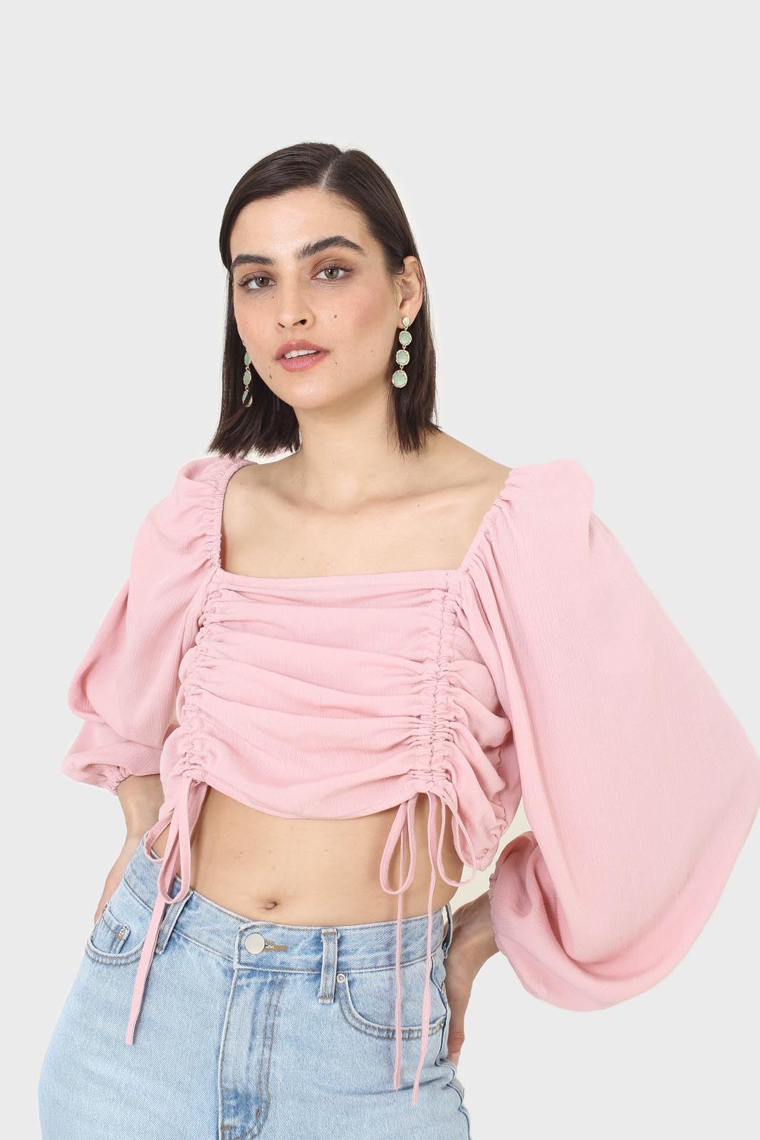 Pink double ruched tie detail long sleeved top