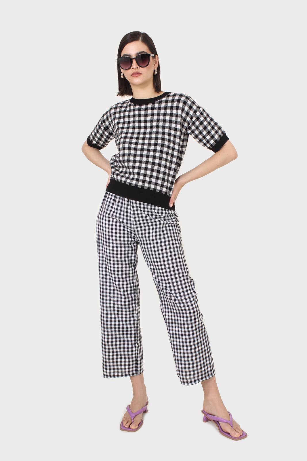 Black and ivory gingham check knit top