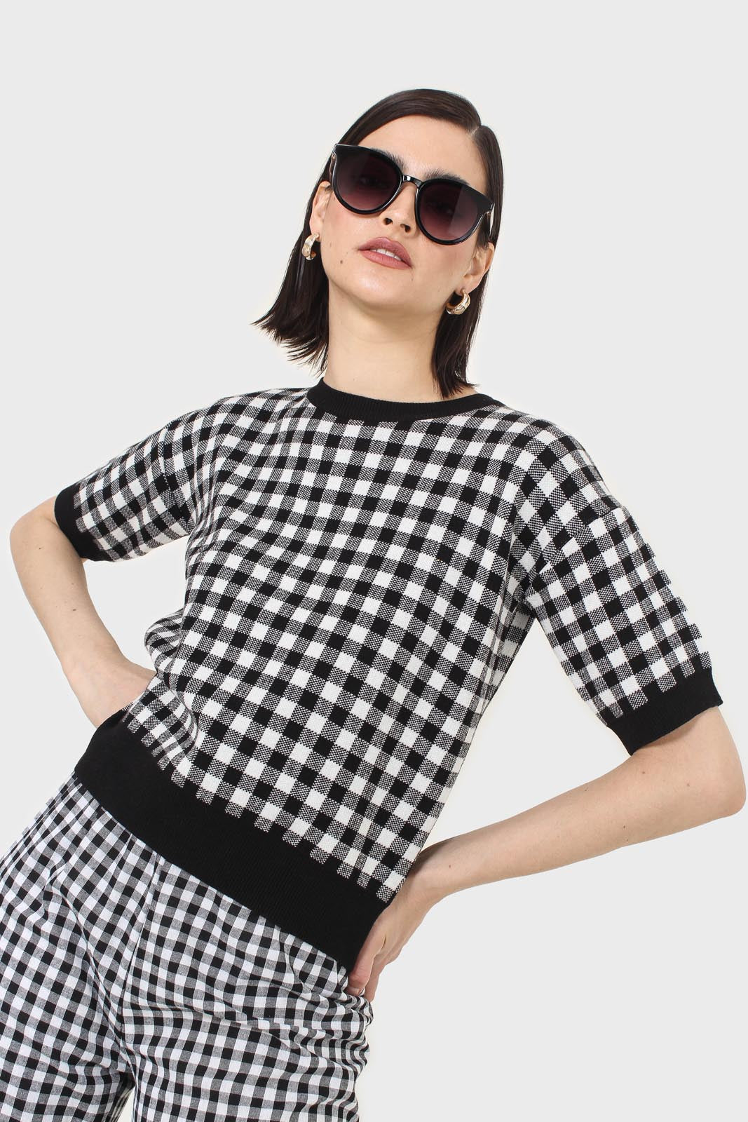 Black and ivory gingham check knit top