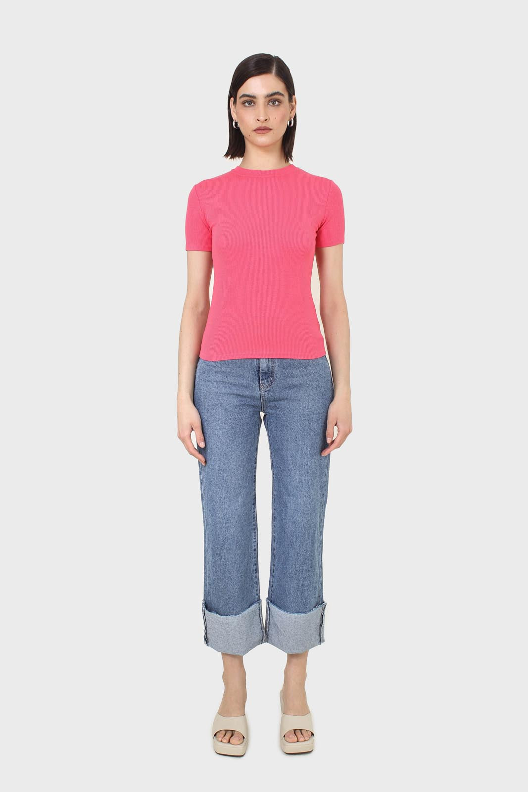 Coral cotton blend crew neck tee