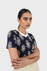 Black large daisy print  cropped tee
