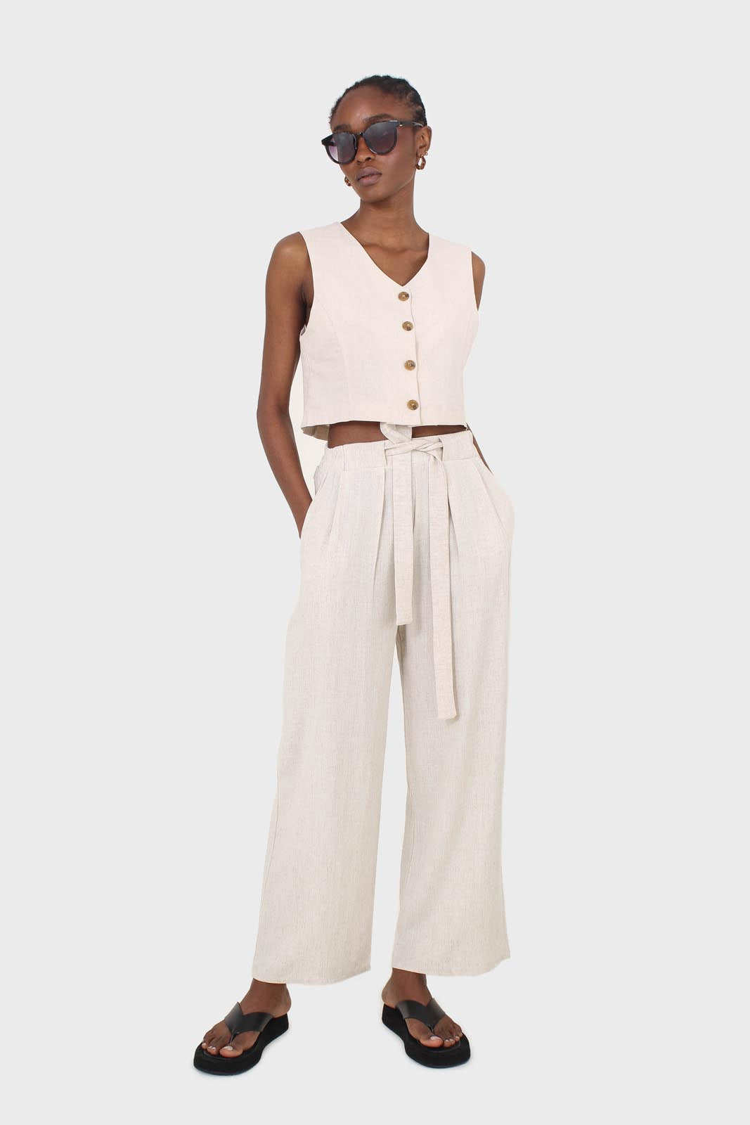 Oatmeal elasticated waist tie front linen trousers