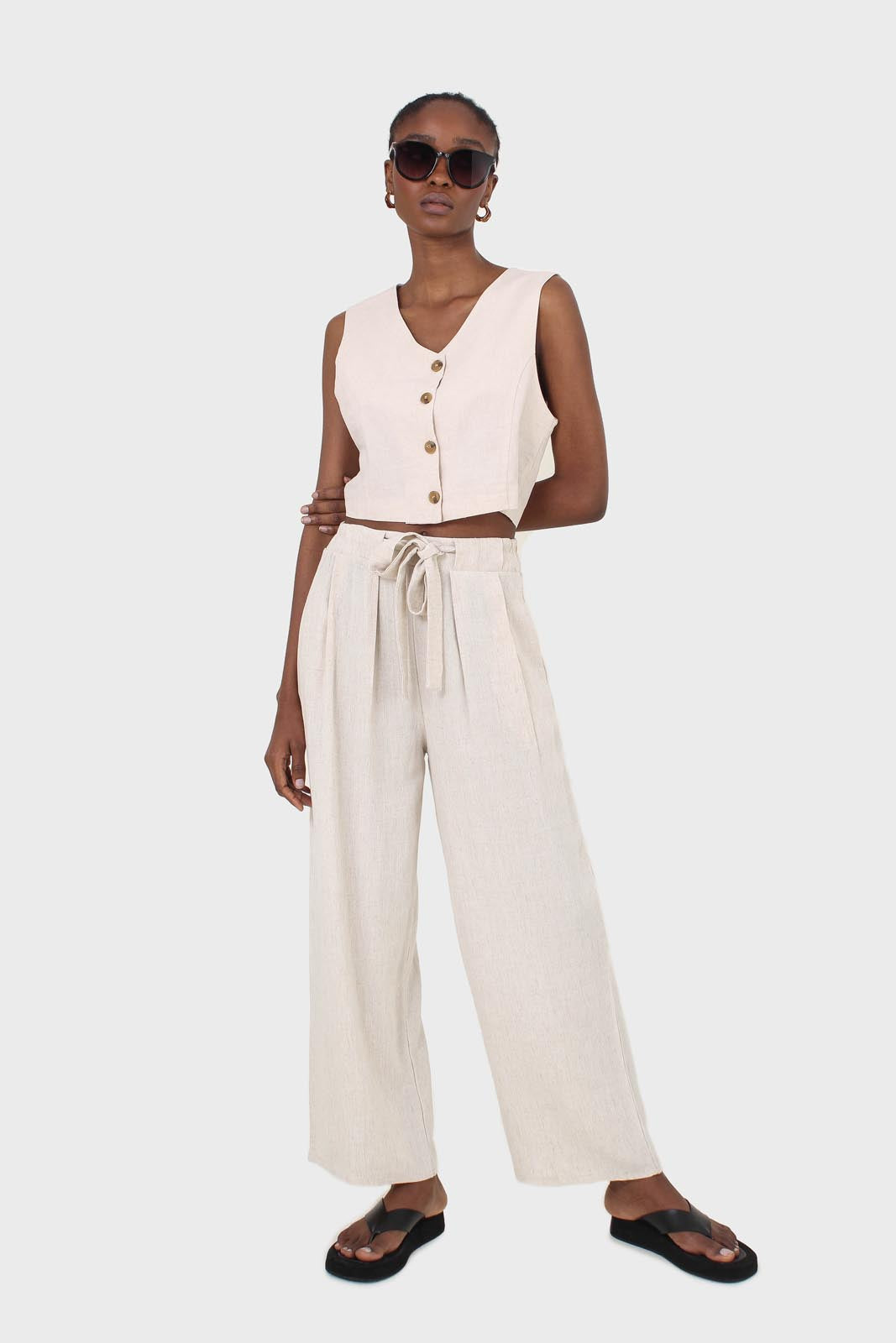 Oatmeal elasticated waist tie front linen trousers