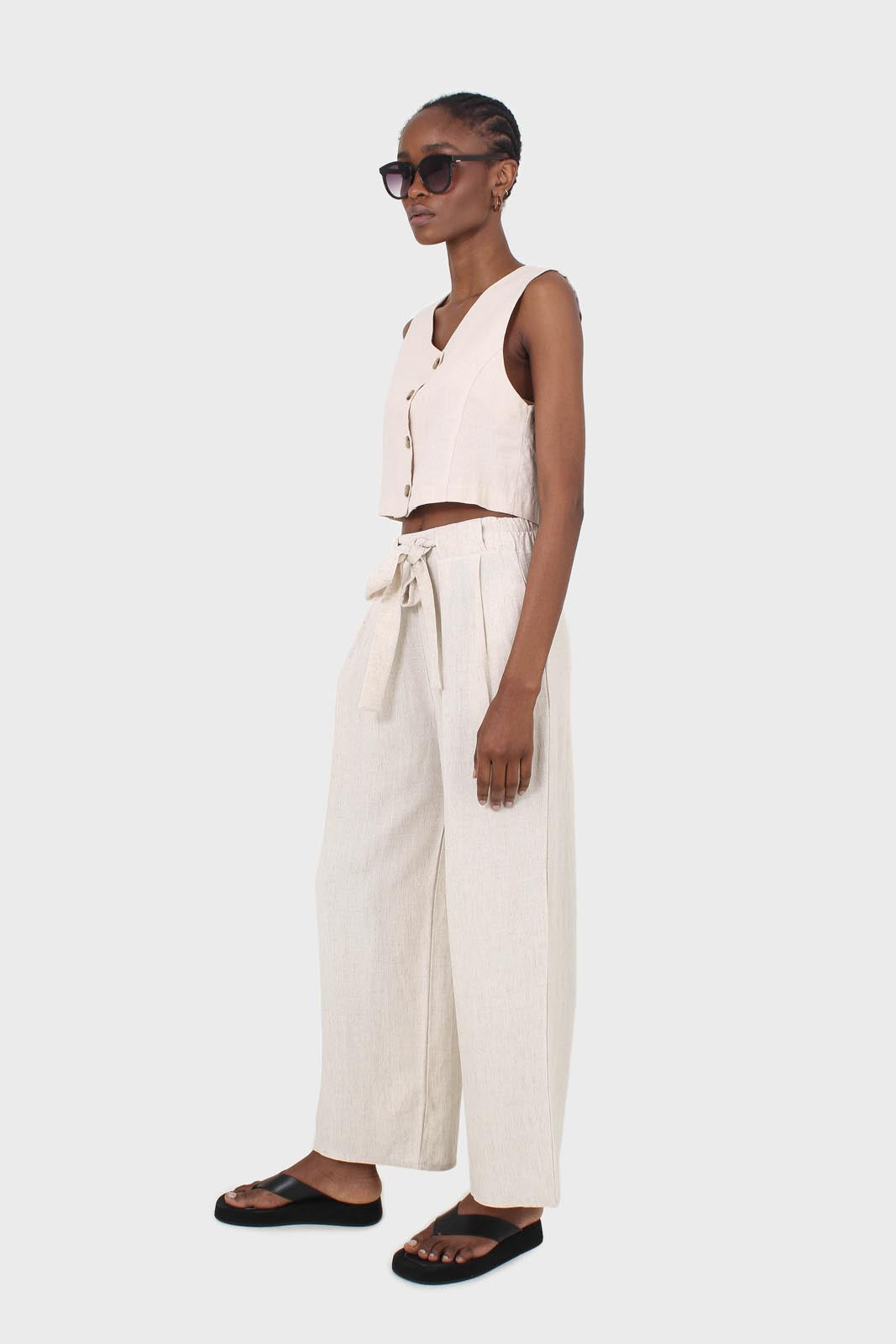 Oatmeal elasticated waist tie front linen trousers