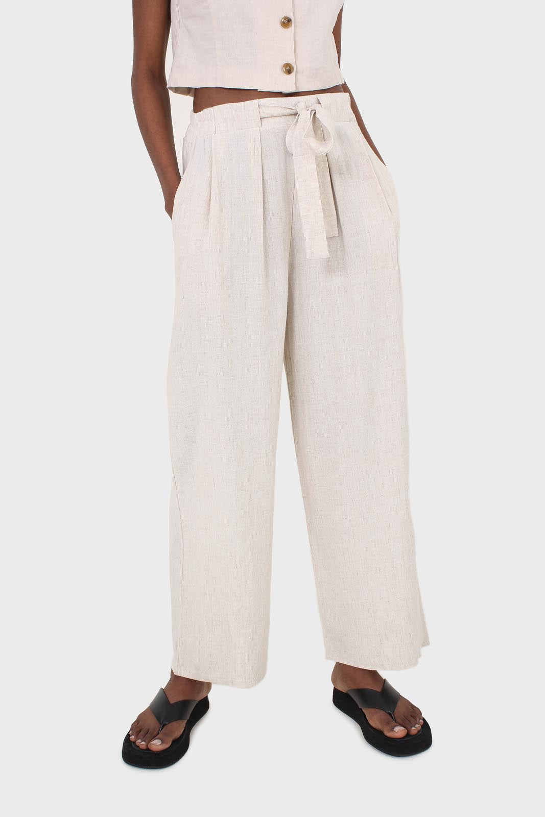 Oatmeal elasticated waist tie front linen trousers