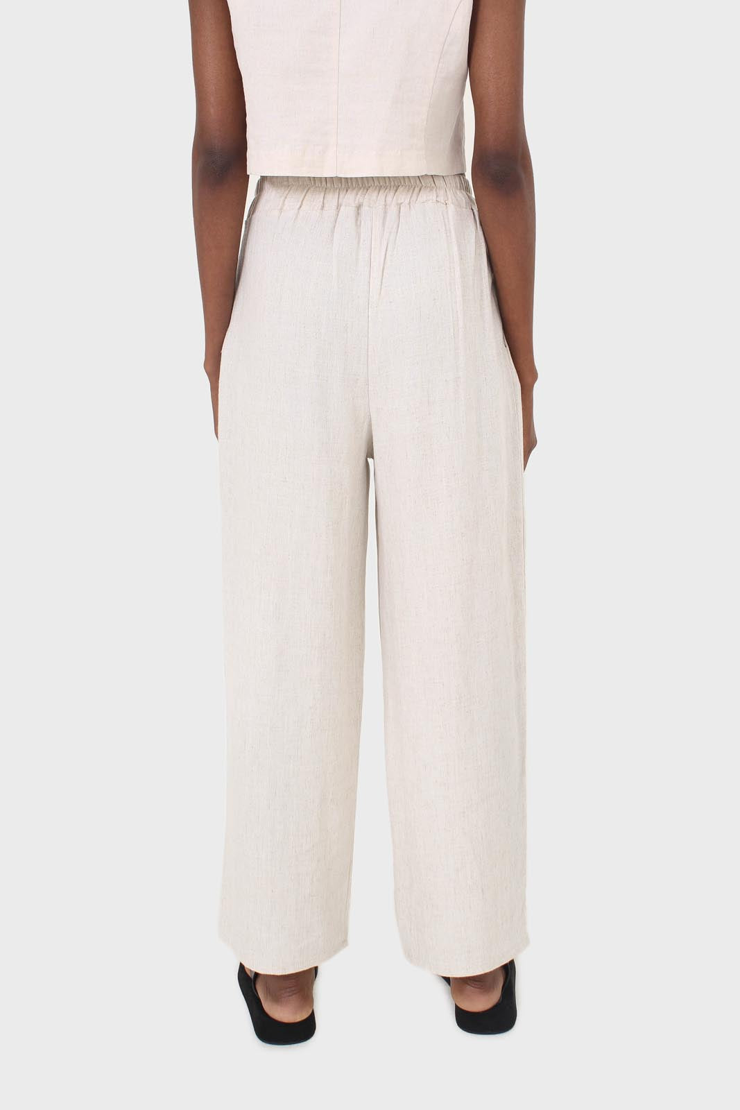 Oatmeal elasticated waist tie front linen trousers