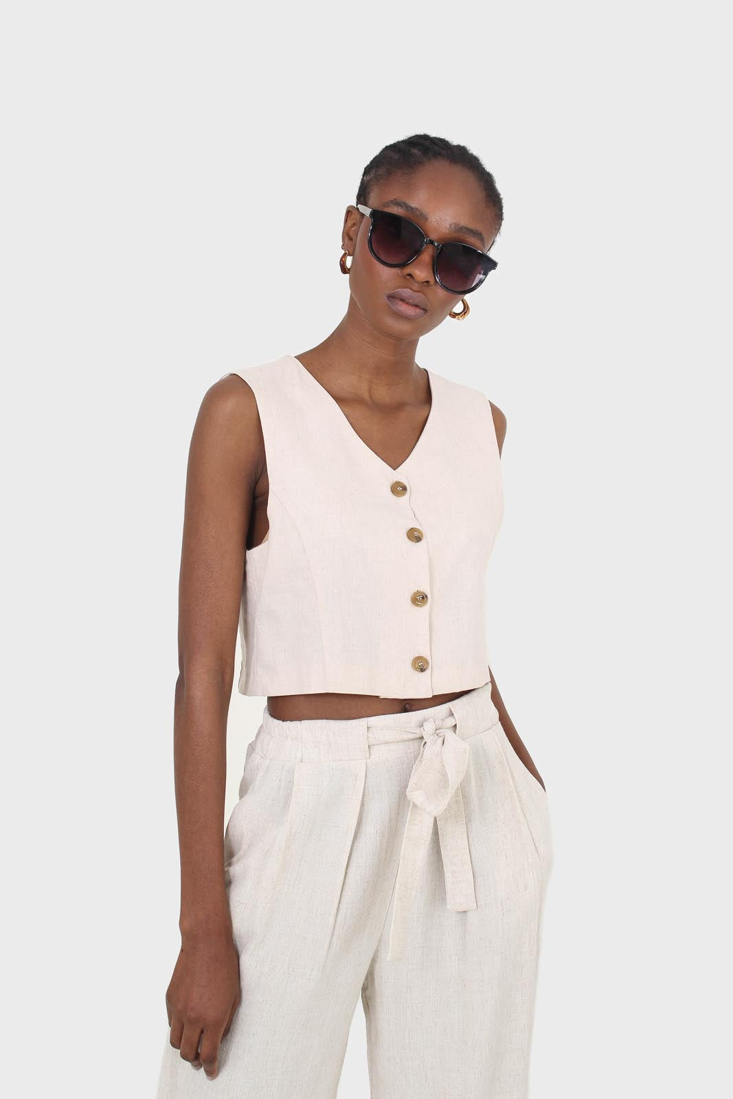 Oatmeal elasticated waist tie front linen trousers