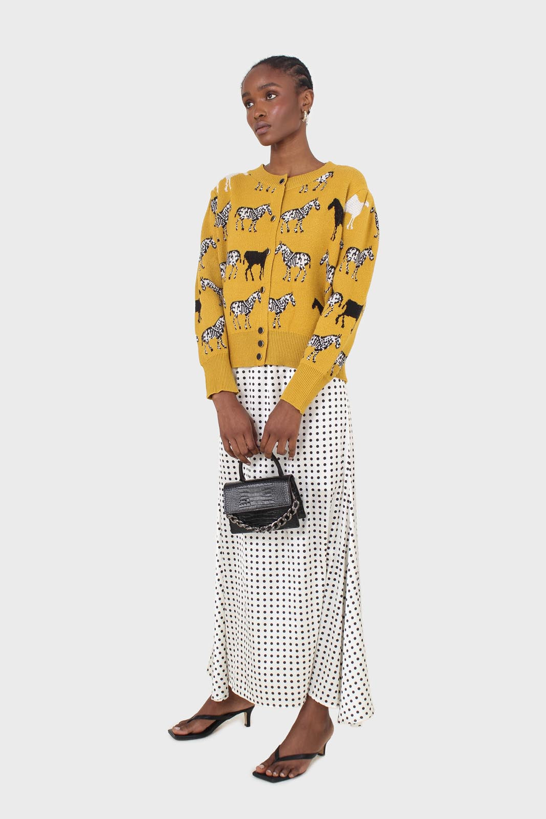 Ivory and black polka dot elasticated waistband maxi skirt