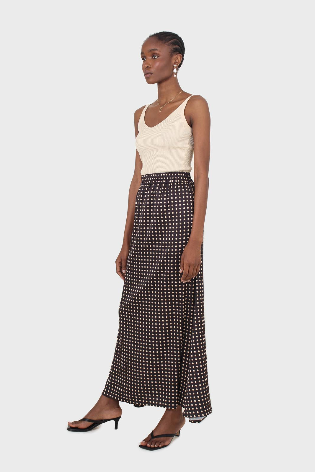 Black and beige polka dot elasticated waistband maxi skirt