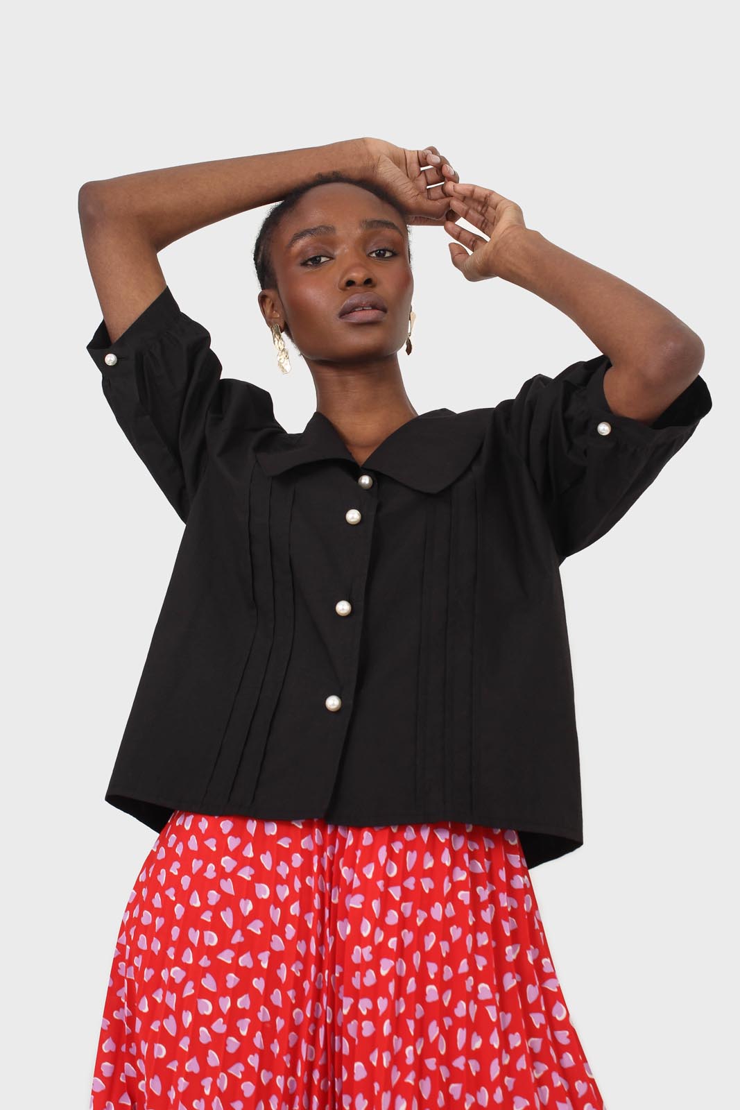 Black large collar pleated 3/4 sleeve pearl button blouse
