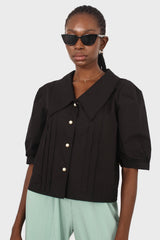 Black large collar pleated 3/4 sleeve pearl button blouse