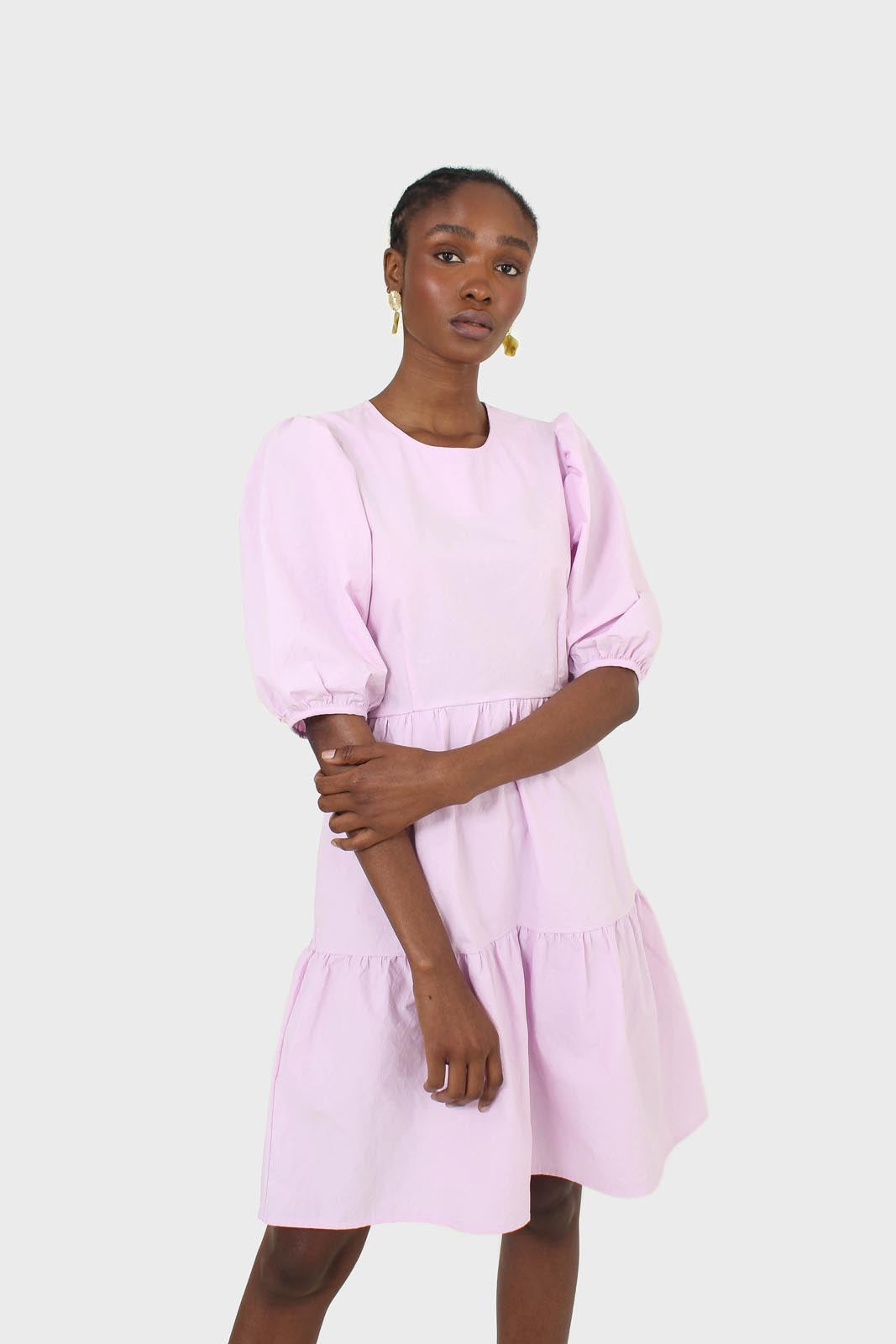Lilac tiered puff sleeve mini dress