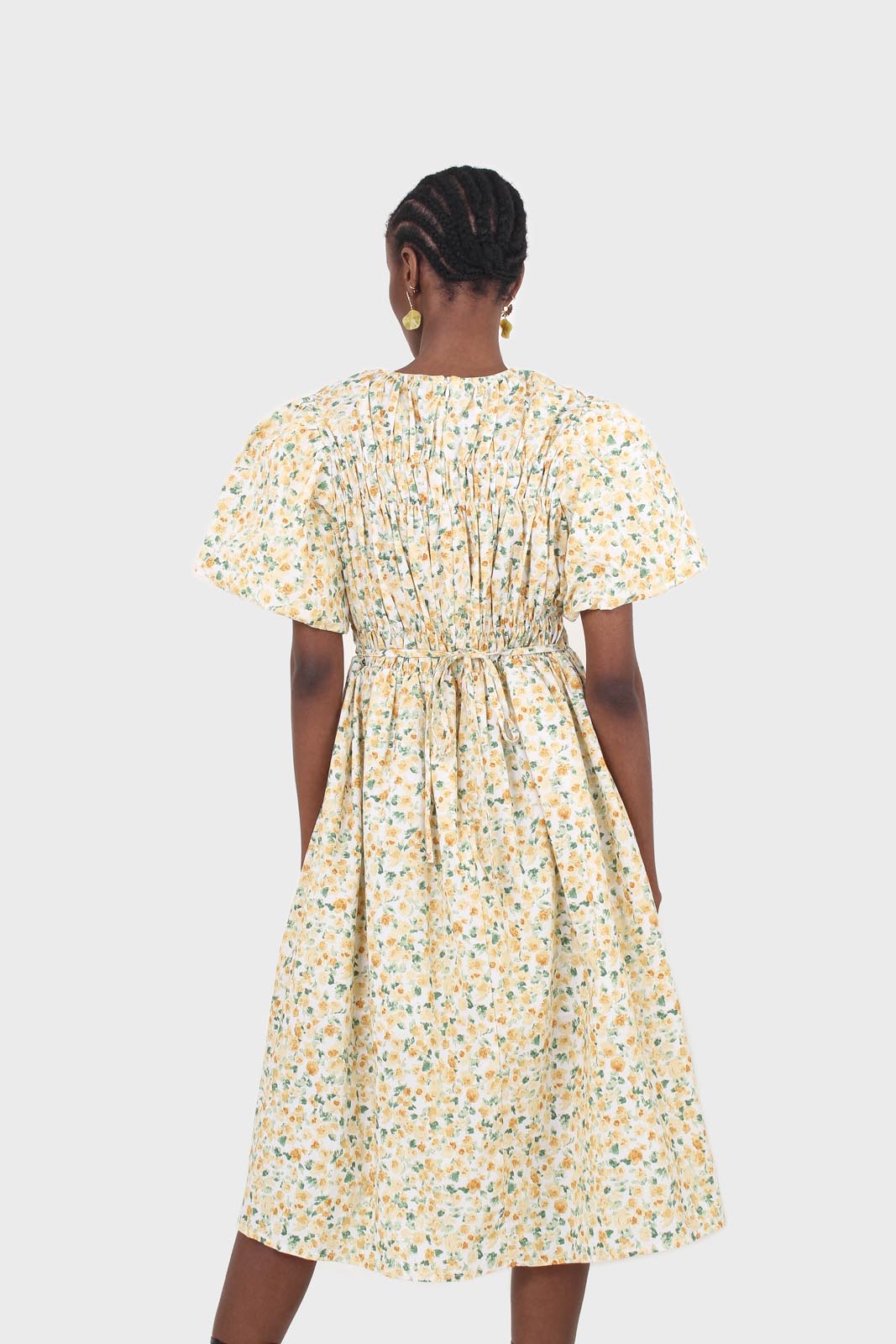 Ivory and orange tiny floral print ruched midi dress
