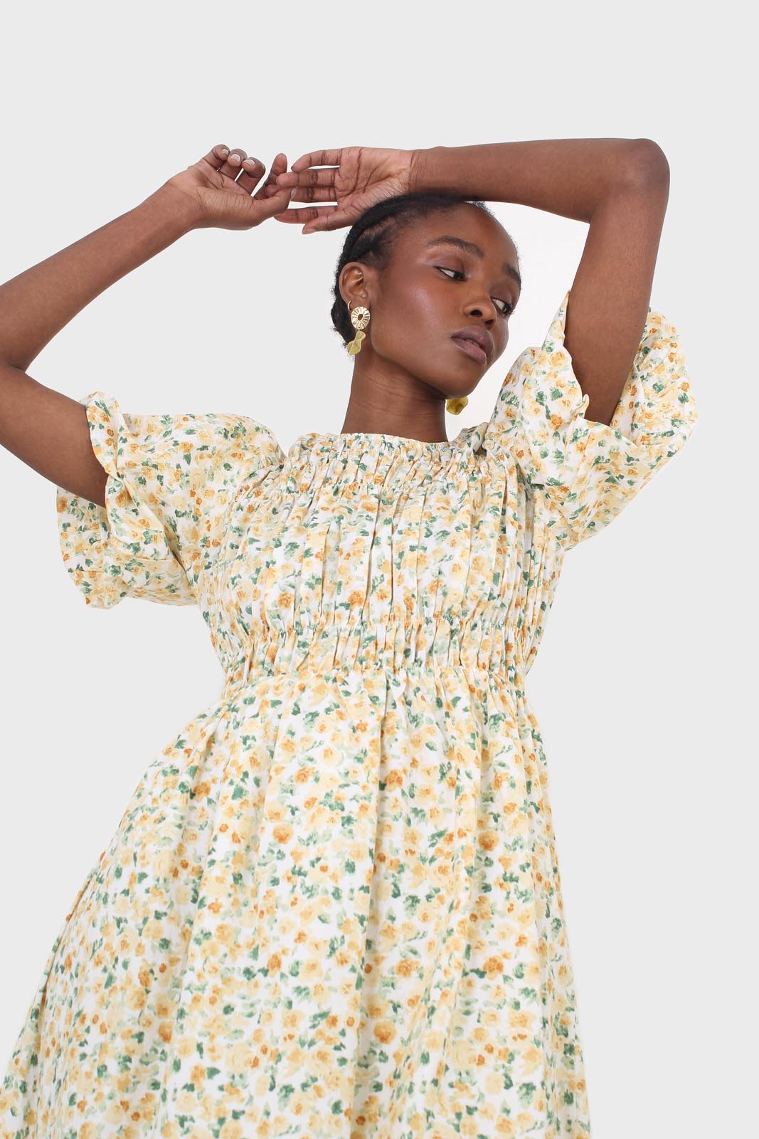 Ivory and orange tiny floral print ruched midi dress