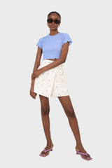 Ivory daisy print asymmetric tie skort