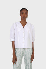 Ivory large collar pleated 3/4 sleeve pearl button blouse