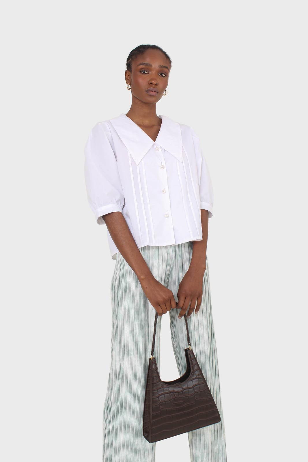 Ivory large collar pleated 3/4 sleeve pearl button blouse