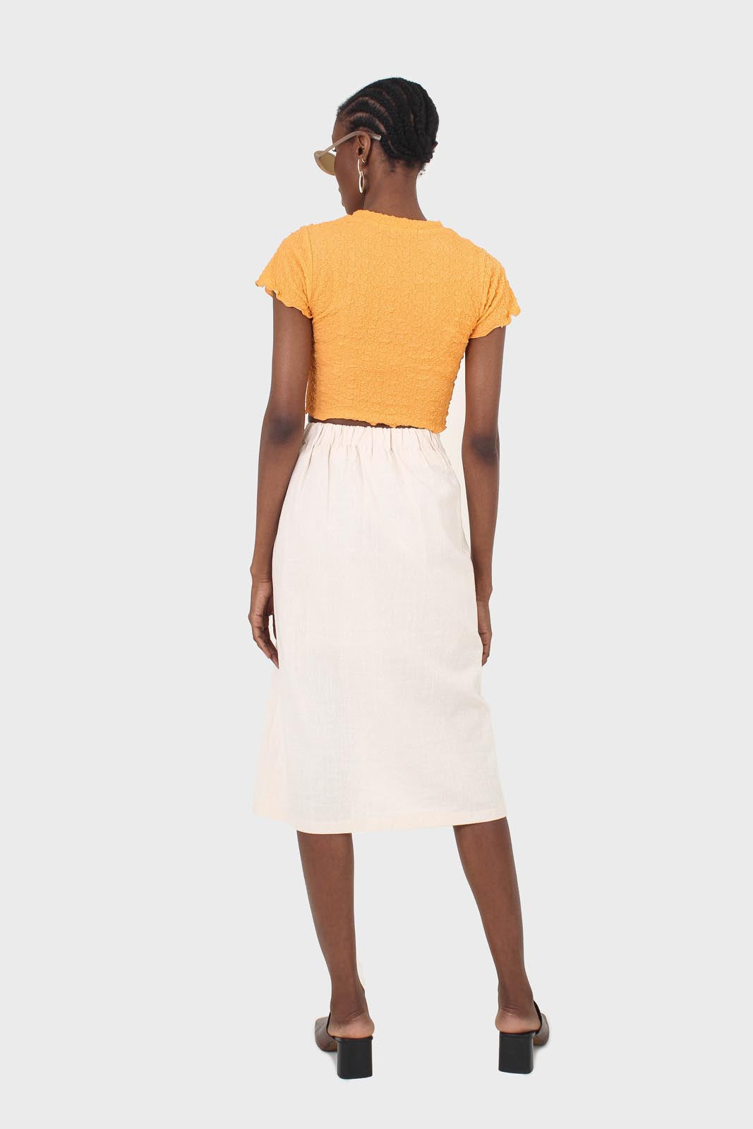 Orange shirring crew neck tee