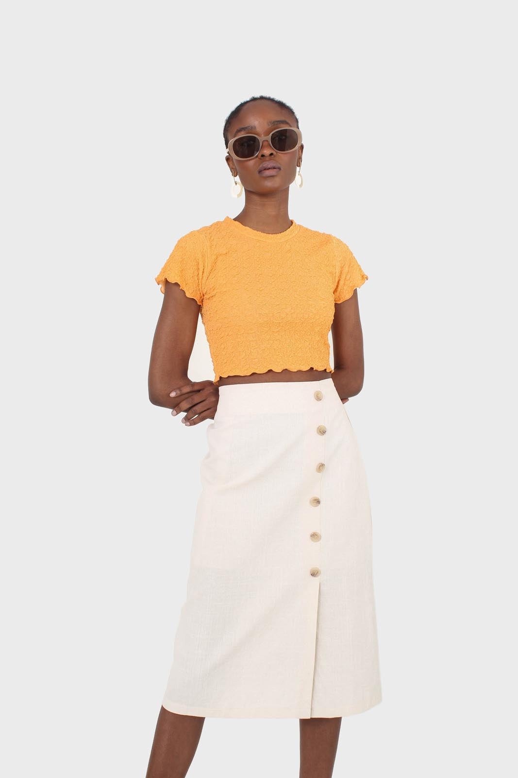 Orange shirring crew neck tee