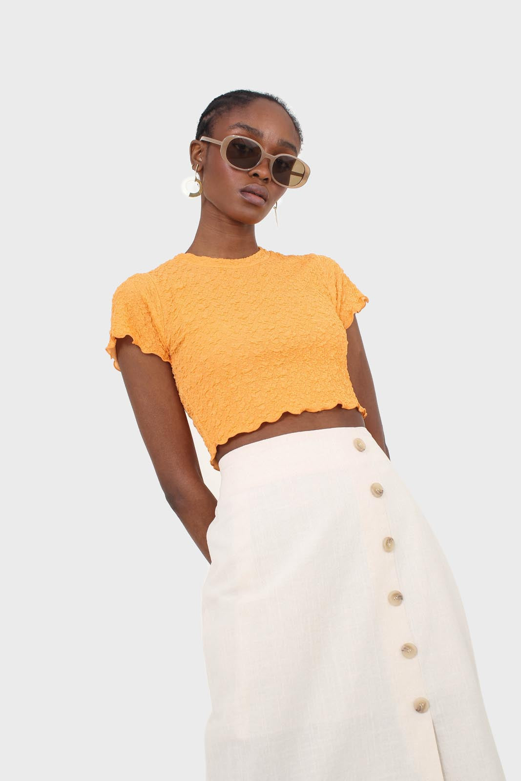 Orange shirring crew neck tee