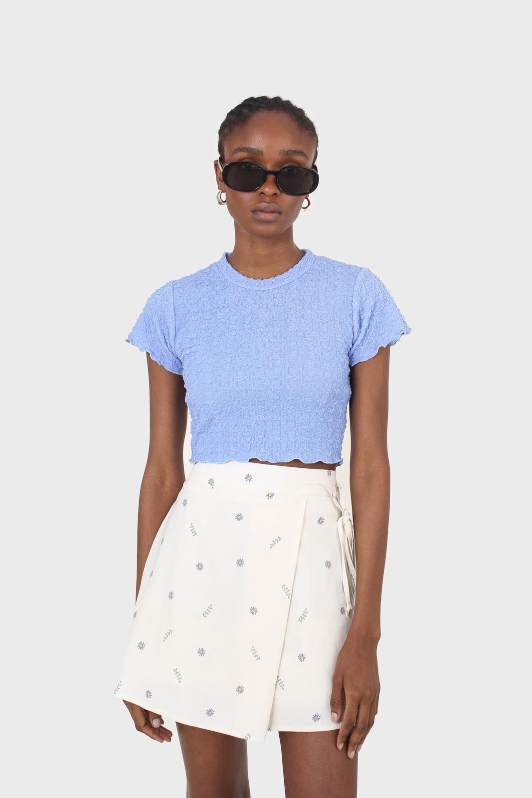 Blue shirring crew neck tee