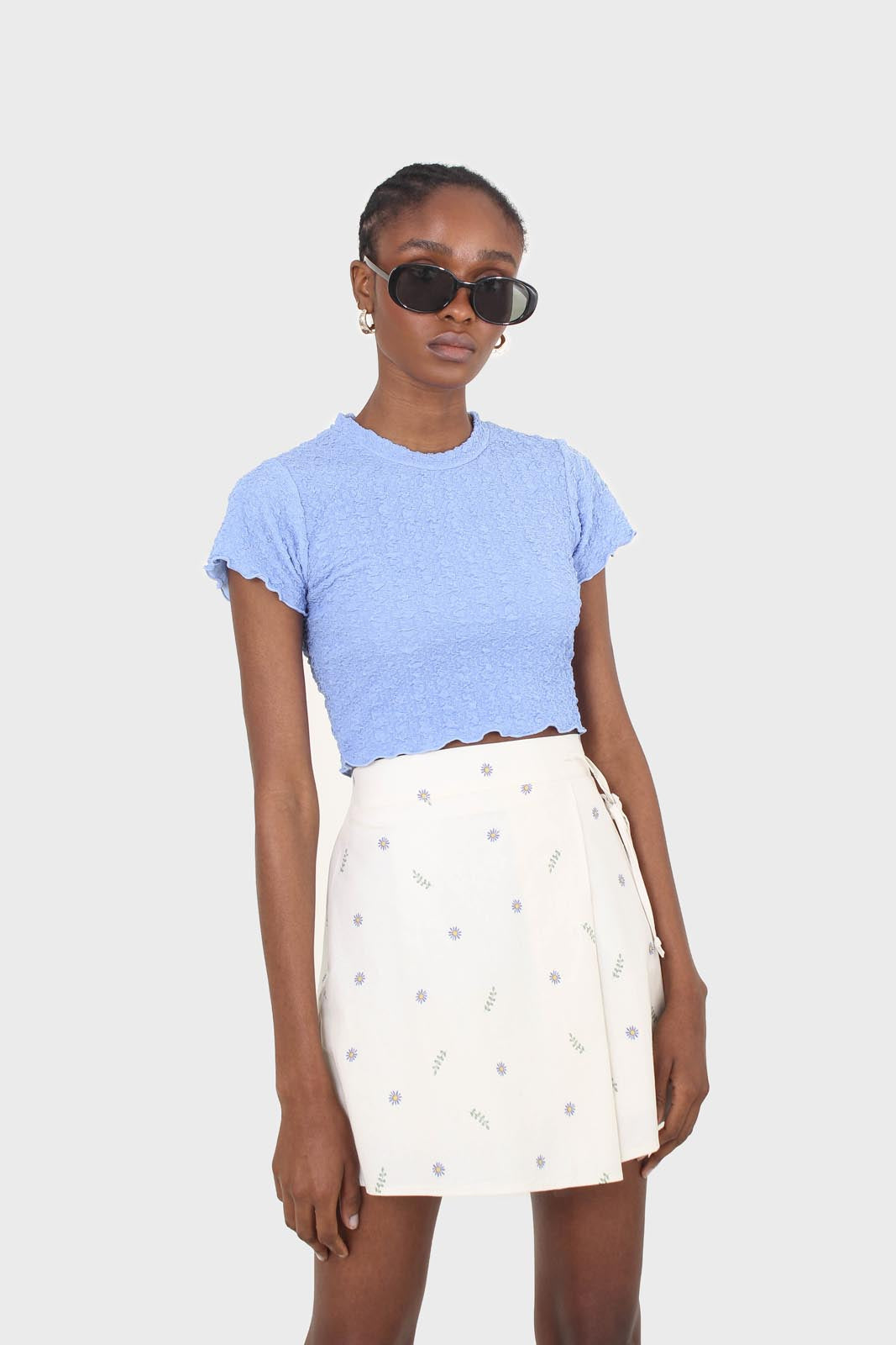 Blue shirring crew neck tee