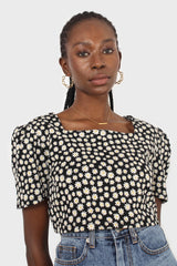 Black daisies square neckline puff sleeve cropped top